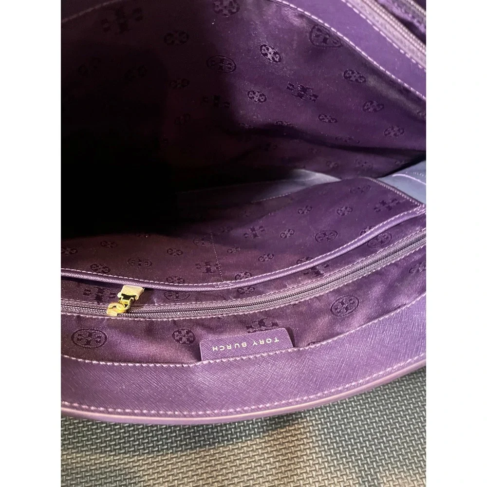 Tory Burch Buckle Tote Womens Large Purple Saffiano Leather Shoulder Bag